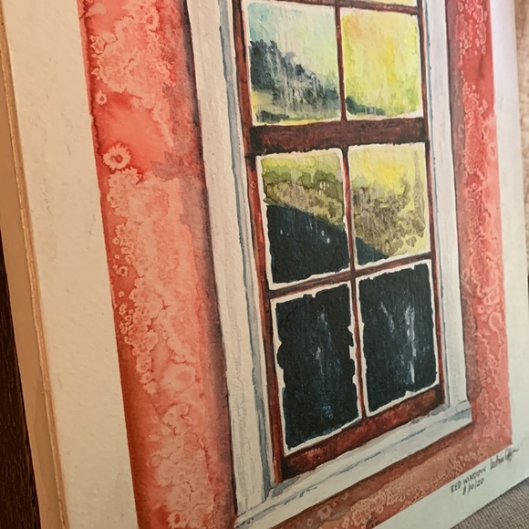 Red wall window watercolor painting 11” by 15” on birch board by local artist. - Picture 3 of 9